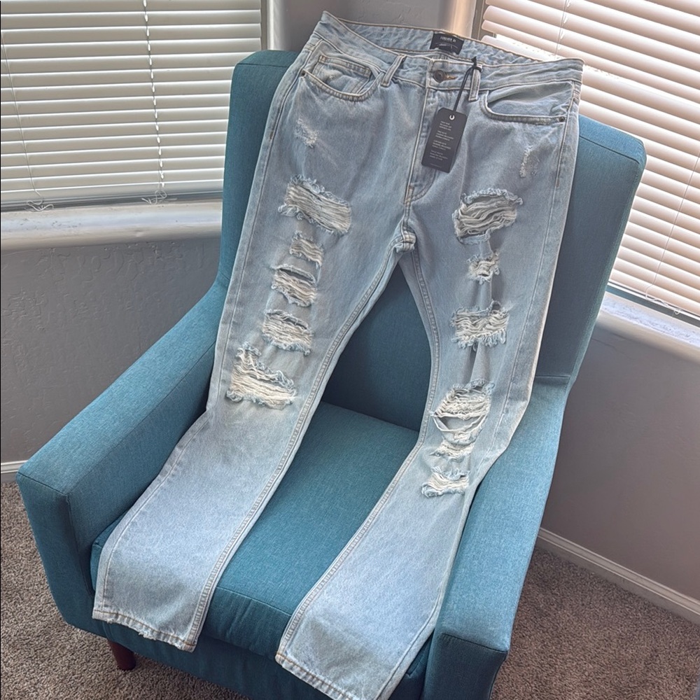 Forever 21 Blue Straight Leg Jeans with Distressed Details